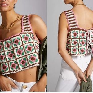 HP 🥳 New Anthropologie Maeve Crochet Floral M/Lg Pink Stripe Tank Sweater Vest